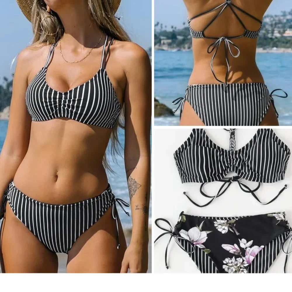 CUPSHE Bikini Set Back Braided Straps with Reversible Bottom Sz S NWT - Picture 2 of 12